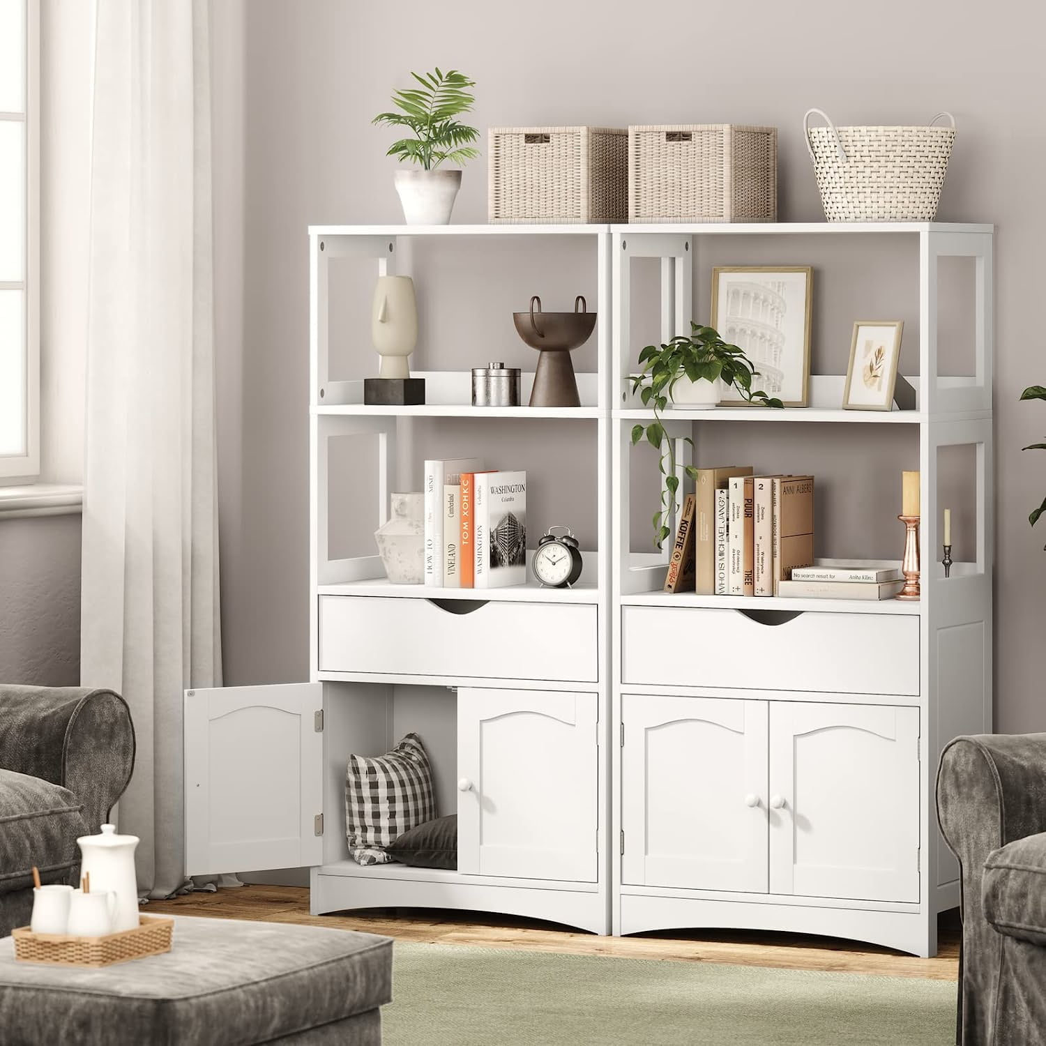 Sideboard Storage Cabinet with Drawer&Shelves, Kitchen Pantry Storage Cabinet with Microwave Space&Cupboard, Modern Freestanding Floor Bathroom Cabinet/Bookshelf for Home Office, White