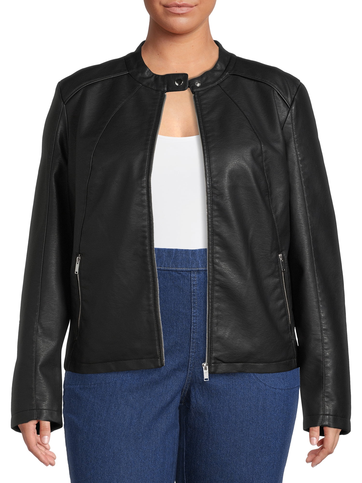 Center Zip Faux Leather Jacket 