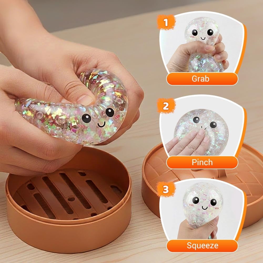 2026 New Shimmering Dumpling Squishies, Dumpling Squishy, Colorful Dumplings Stress Balls Fidget Sensory, Squeeze Dough Ball Stress Relief Hand with Food Steamer Stretchy Desk (4PCS)