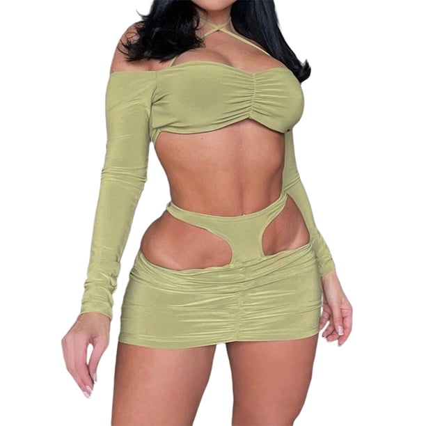 VISgogo Mujeres 2PCS Trajes de Falda, Tops Cortos con Hombros Descubiertos Halter Lisos, Falda Corta de Cintura Alta Fruncida Hueca, Ropa de Verano para Bar/Fiesta/Club VISgogo moda