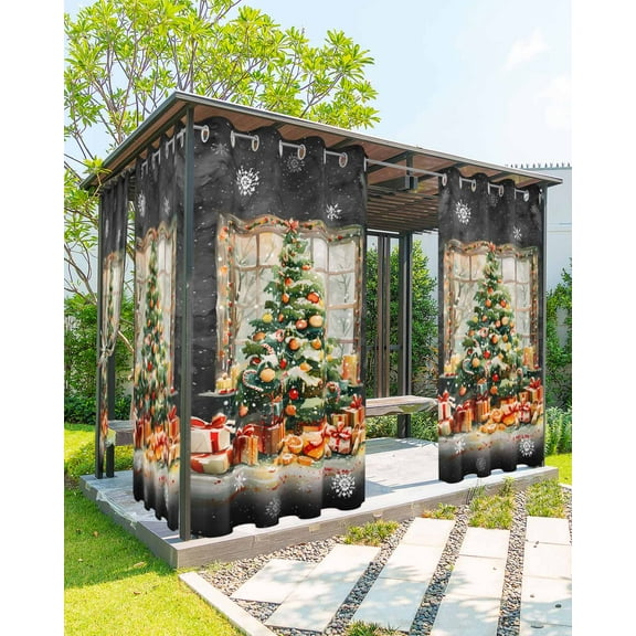 Outdoor Curtains for Patio, Black Christmas Tree Waterproof Blackout Outside Curtain for Porch/Pergola/Gazebo, Watercolor Xmas Snowflake Thermal Insulated Drapes for Cabana, 1 Panel, 54 x 108 Inch