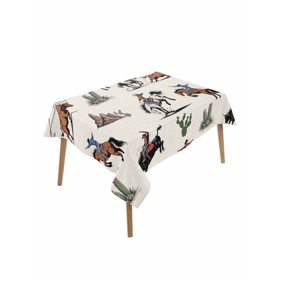 Western Cowboys Table Cloth, Waterproof Tablecloth for Rectangle Tables, Beige Vintage Country Cactus Reusable Washable Fabric Table Cover for Restaurant Kitchen Dining Tables 60"x102"