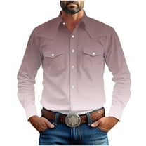 Mens Western Cowboy Shirts Gradient Color Button Up Shirts Long Sleeve Cotton Work Shirts with Two Pockets