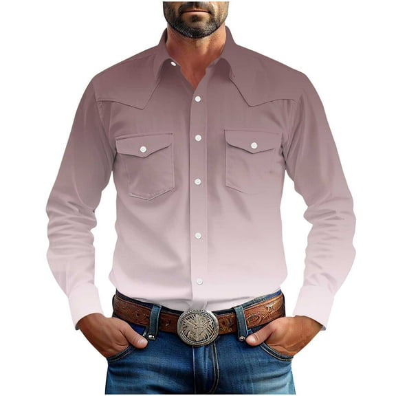 Men's Vintage Western Long Sleeve Shirt Solid Collar Dual Chest Pockets Blouses Casual Fashion Top