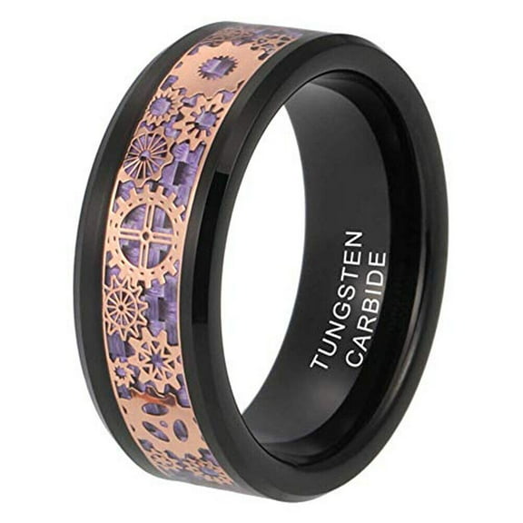Wedding Ring for Men 8mm Black Tungsten Band Purple Inlay w Rose Gold Gears