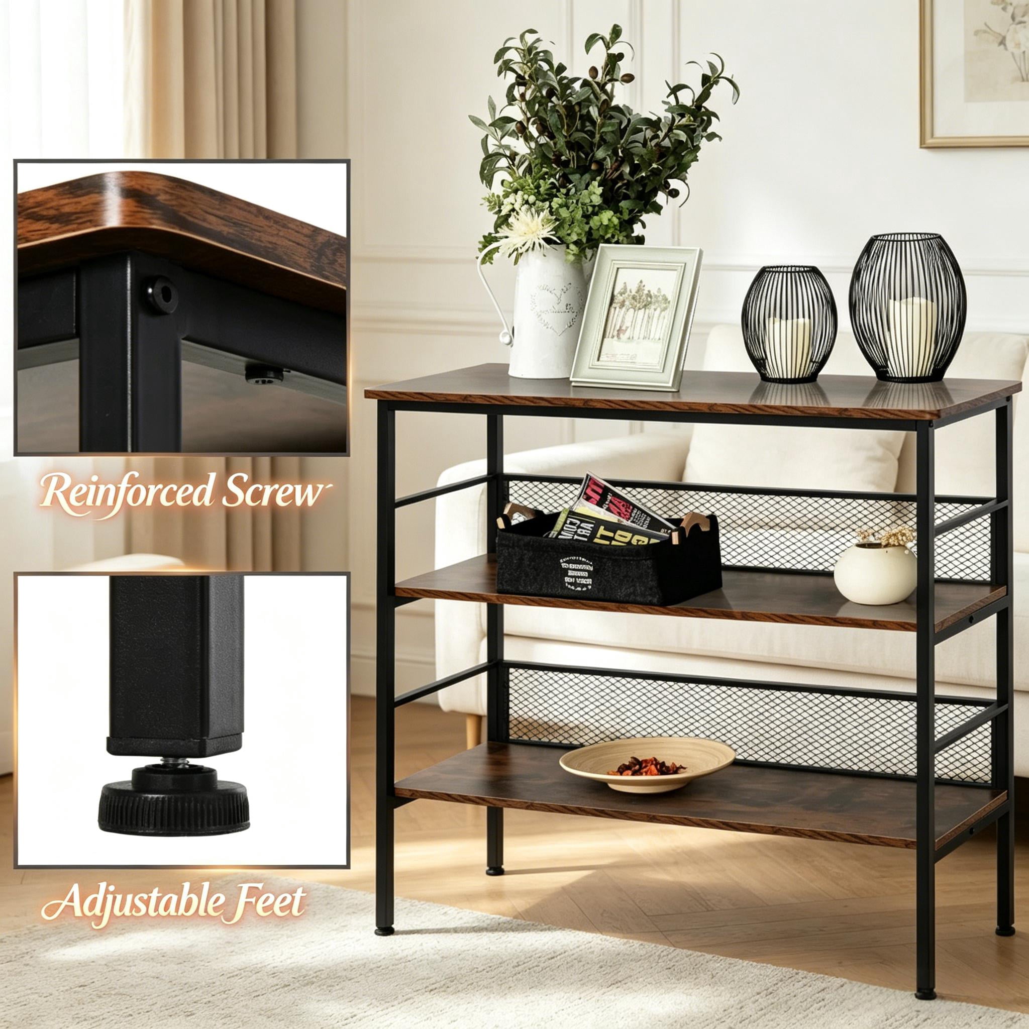 3-Tier Industrial Open Storage Shelving Unit, Brown & Black Standing Display Rack with Anti-Fall Metal Back Panels, Adjustable Feet Organizer for Living Room Study