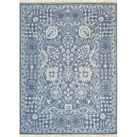 EORC BLUE Hand Knotted Wool/Bamboo Silk Traditional Agra Rug, 6' x 9'