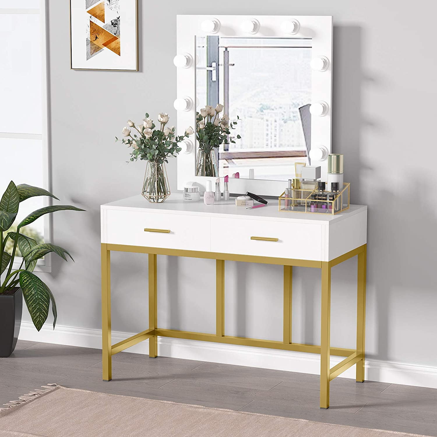 Tribesigns Vanity Table with 2 Drawers and 9 LED Bulbs, Makeup Vanity