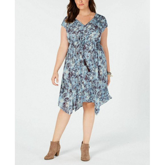Style & Co Robe Col en V Ceinture Taille Mi-Haute (Bleu, m)