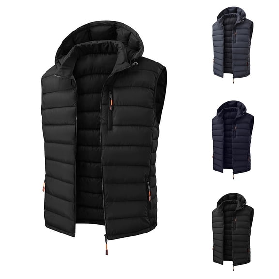 Men's Puffer Vest Lightweight Water-Resistant Winter Outdoor Full Zip Up Work Sleeveless Hooded Warm Vest Jacket Outerwear with 3 Zipper Pockets