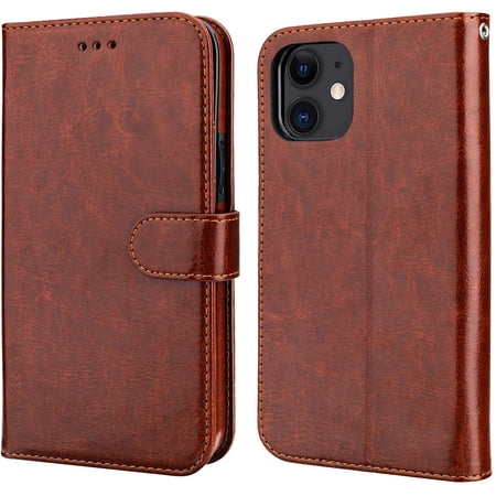 Compatible with iPhone 12 Mini Wallet Case with Card Holder PU Leather Kickstand Shockproof Protective Wrist Strap Flip Cover for 5.4 inch (Brown)