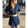 thumbnail image 2 of Women Utility Denim Skirt Set V Neck Short Sleeve Top Outfit, 2 of 9