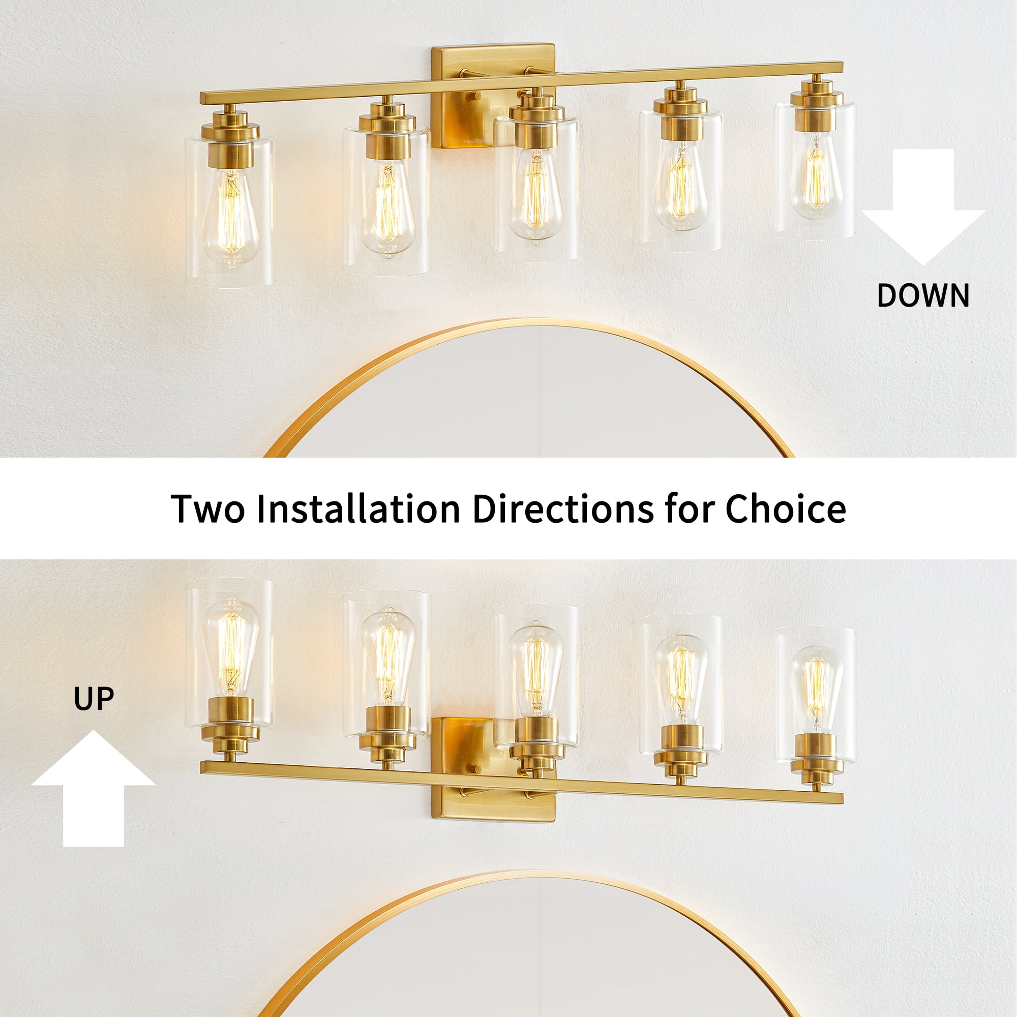 KAWOTI Modern 5-Light Vanity Light Fixtures over Mirror, Antique Brass Bathroom Light Fixtures with Clear Glass Shade