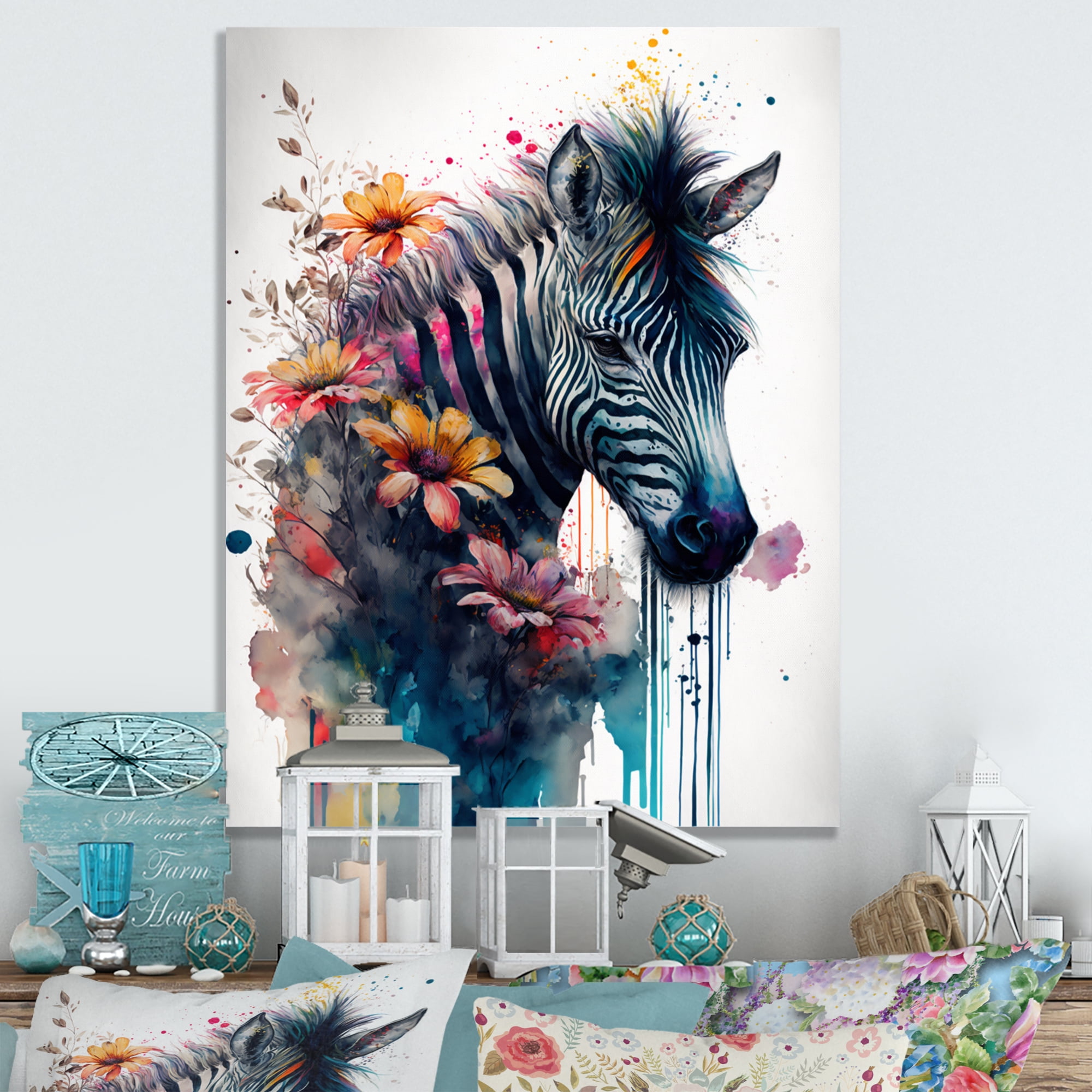 Designart Cute Zebra Floral Art Canvas Wall Art