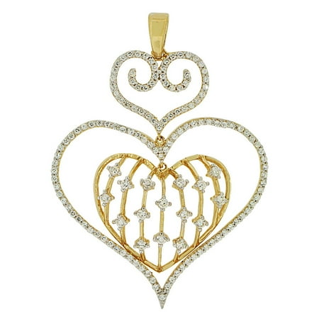 - 14k Yellow Gold White Rhodium, Fancy Dangling Three Heart Pendant Charm Created CZ Crystals