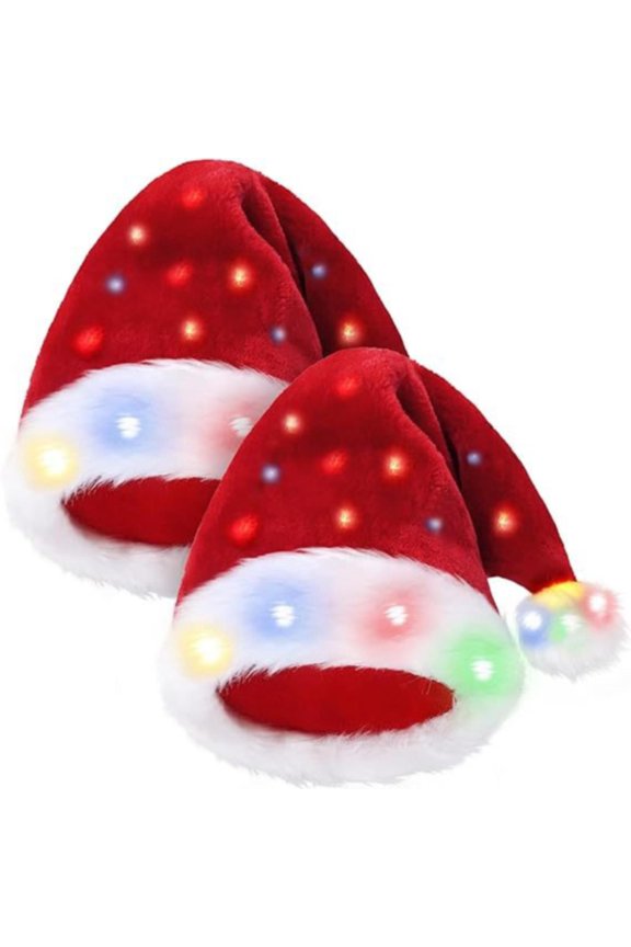 Summer Sales under $10 Red Knit Short Watch Cap GIJNRIUIUA 2 Pcs Adults Light Up Christmas Santa Hats with Pom Poms Soft Plush Xmas Hat with Colorful Lights for Mens and Womens Beret Hat