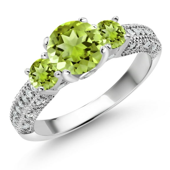Gem Stone King 925 Sterling Silver Green Peridot and White Moissanite Engagement Ring for Women (2.13 Cttw, Gemstone August Birthstone, Round 7MM and 4MM, Size 6)
