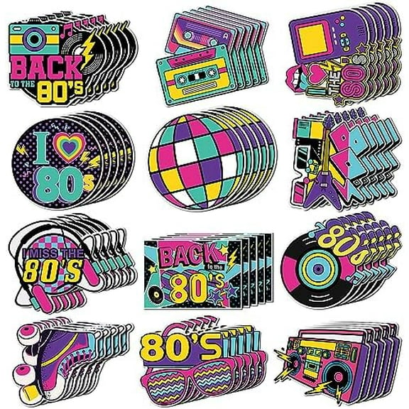 60 Pcs Back to The 80s Party Decoration Retro 1980s Hip Hop Cutouts Radio Roller Skating Cassette Tape Cutouts Throwback Birthday Party Neon Rock Hippie Supplies