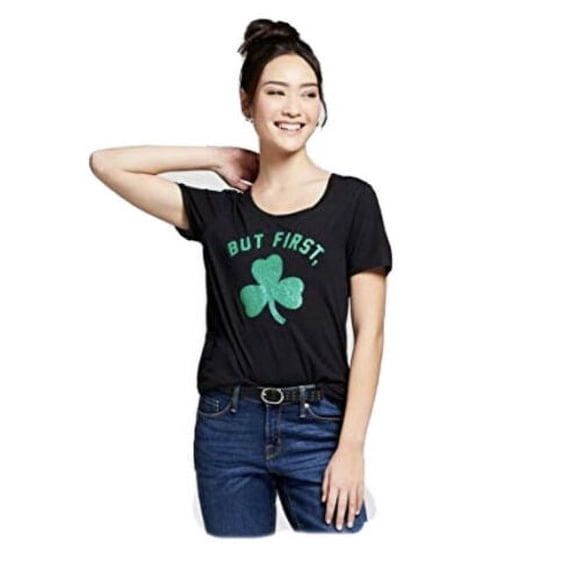 Women's St. Patrick's Day Glitter But First Clover Short Sleeve Graphic Shirt M