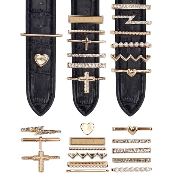 Rectangle & Cross Zinc Alloy Watch Band Charms for Watch Loops Accesssories with Rhinestone Golden 1.5~3x7.5~25x8.5~25.5x5~8mm 14pcs/set