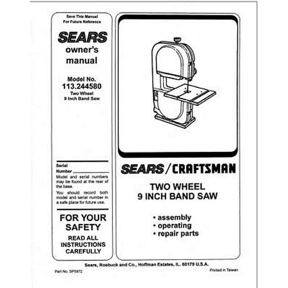 Instruction Manual ONLY for Craftsman 113.244580 Band Saw Owners Instruction Manual REPRINT