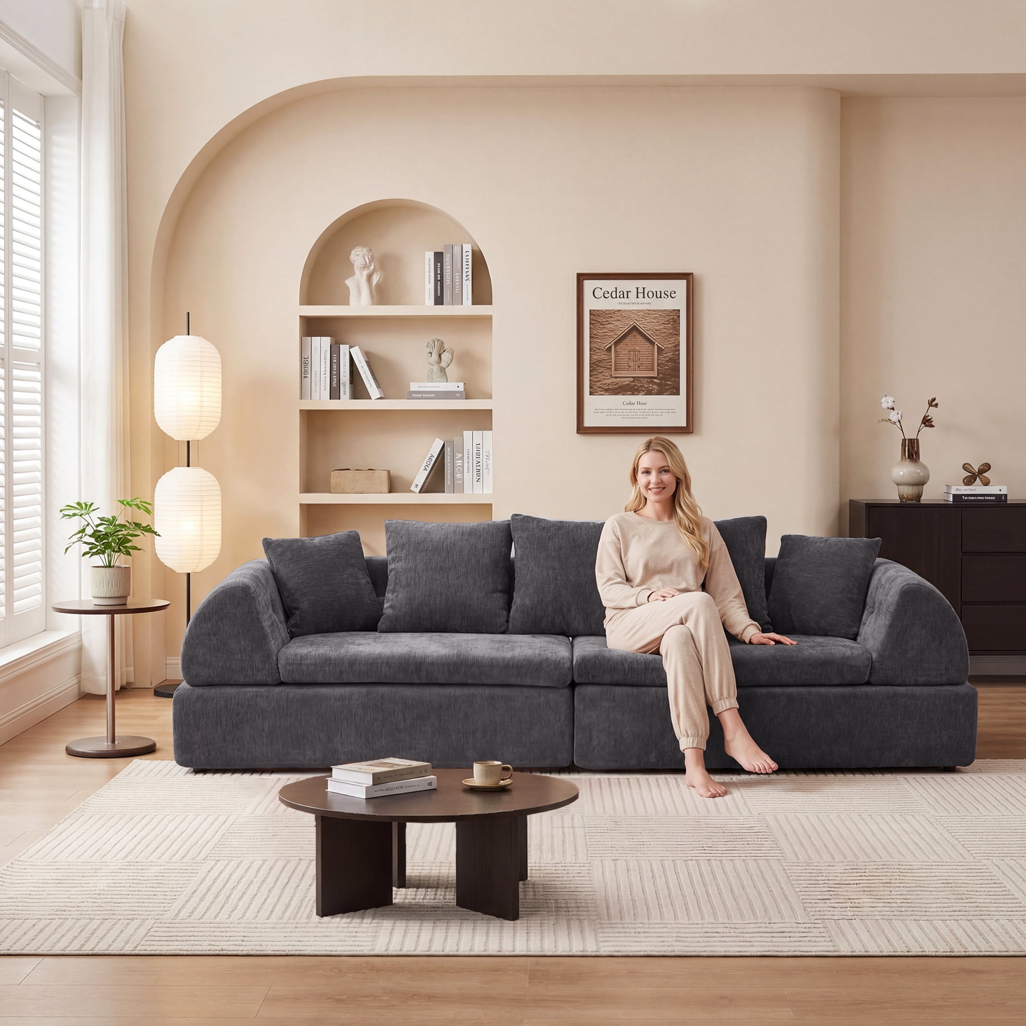 Leumius Cloud Sectional Sofa,3 Seater Boneless Couch with Deep Seat,Modern Sofa with 5 Pillows for Living Room Bedroom,No Assembly,Gray