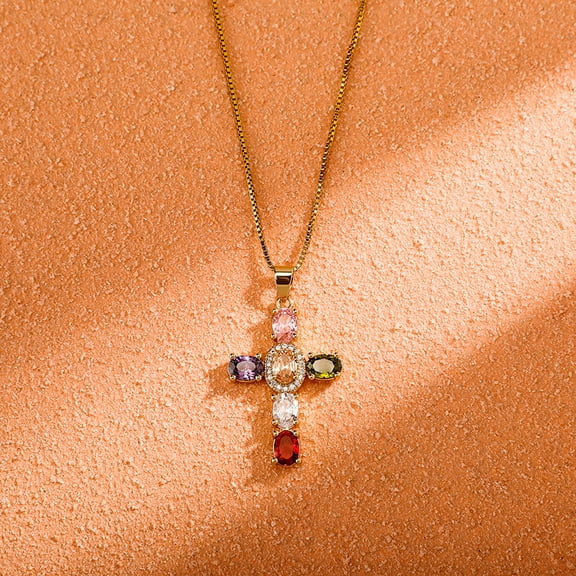 Luxury AAA Cubic Zirconia Inlay Cross Pendant 14K Yellow Gold Chain Necklaces For Women Men Christian Jewelry