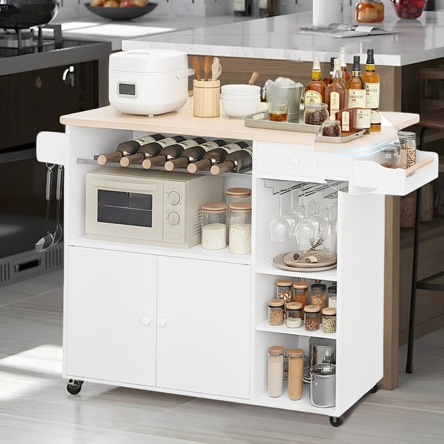 QUORIVE Carrito Isla De Cocina Con Ruedas, Cajón, Alacena Y Estantes Para Utensilios