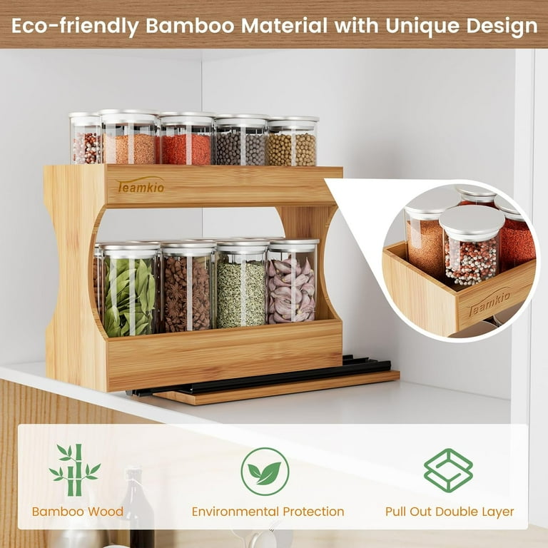 Teamkio Bamboo Spice Rack Organizer for Cabinet 2 Tier Pull Out Spice Rack Tool Free Install Slide Out Vertical Seasoning Spice Organizer for Kitchen Cabinet Walmart