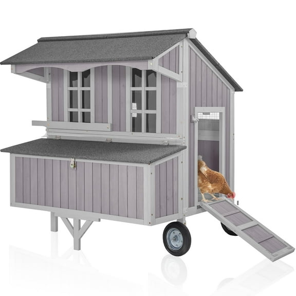 Aivituvin Chicken Coop Upgrade Durable Outdoor Chicken House with Large Wheels, Nesting Box, Leakproof Pull-on Tray and UV-Resistant Roof Panel (Grey)
