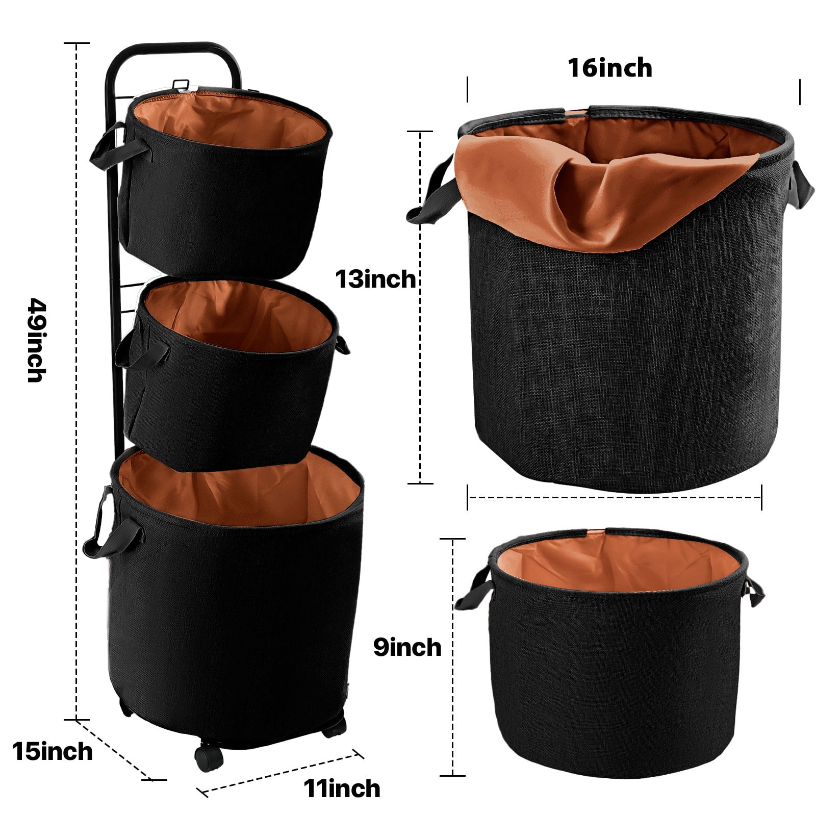 YOUPINS 3-Tier Laundry Hamper Sorter, Laundry Storage Organizer with Wheels Movable Rolling Laundry Baskets Cart, Bathroom Cart Clothes Shelf,Laundry Butler for Bathroom Bedroom Laundry Room, Black