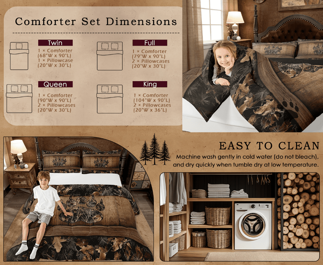 Camo Bear Paw Bedding Comforter Sets Hunting Woodland Wildlife Bedding Set Queen,Camouflage Rustic Cabin Comforter Set Farmhouse Woodland Board Animal Quilt Set Country Decor