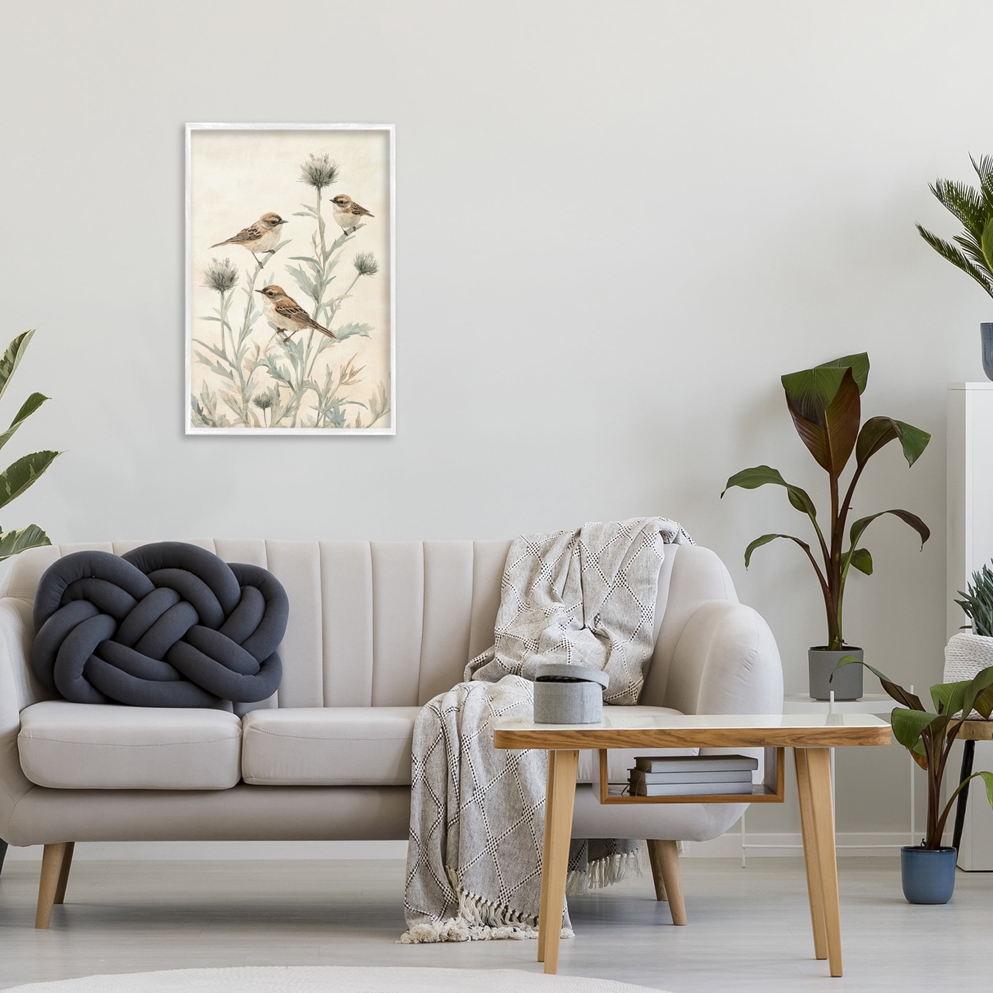 Stupell Industries Sparrows on Thistle Stems White Framed Giclee Art, design by Petal Prints Design