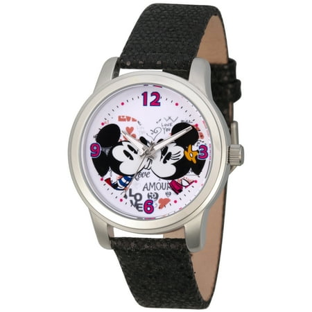 Mickey Mouse and Minnie Mouse Women's Silver Alloy Watch, Black Sequins Strap
