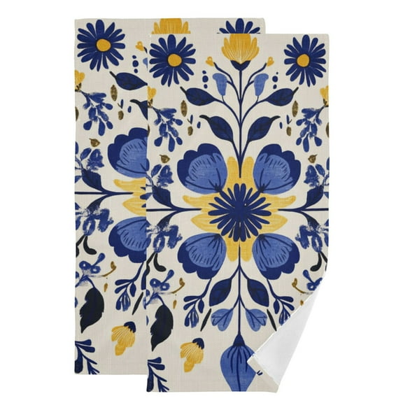 Dark Blue and Yellow Flowers Symmetrical Hand Towel Absorbent Bath Towels for Bathroom Sports Gym 28" x 14" Set of 2