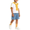 thumbnail image 6 of Boys 4 Pieces Back To School Outfit Round Neck Solid Short Sleeve Tee and Pockets Denim Shorts and Shawl and Knee High Socks Performance Outfits Casual Clothes Set 3-16 Years, 6 of 9