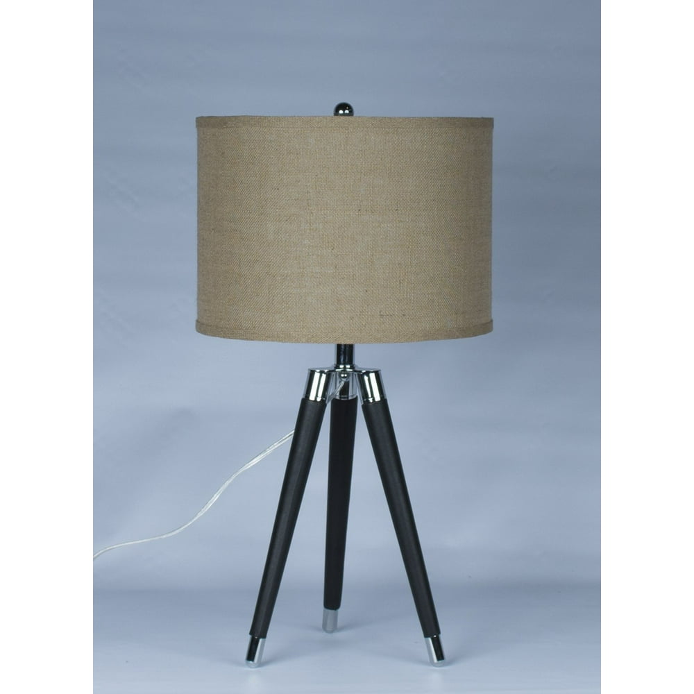 Urbanest Black Mid Century Modern Tripod Leather & Chrome Table Lamp with 14inch Burlap Drum
