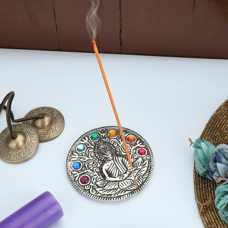 Ajuny Round Incense Burner Aluminum with Ash Catcher, Buddha Seven Stone Design Home Decor, 11 cm