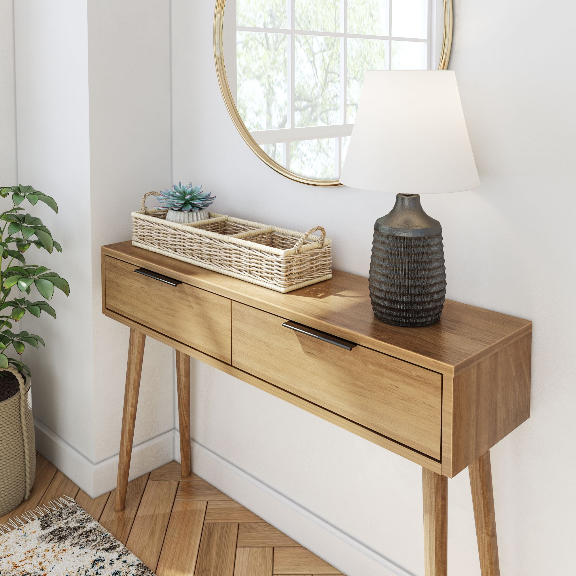 Plank+Beam 46" Mid Century Modern Console Table with Storage Shelves, Entryway Table with Storage, Foyer Tables for Entryway, Console Table, Pecan