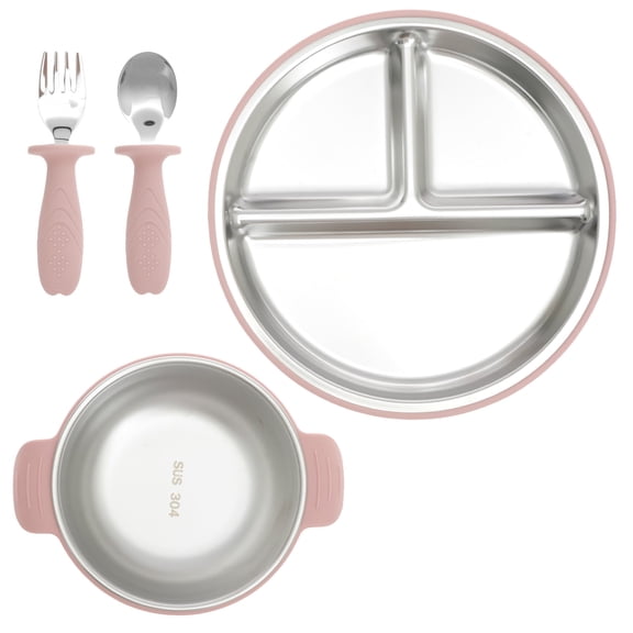 4‑Piece Suction‑Base Dining Bowl & Plate Set, Divided Stainless‑Steel Tableware with Silicone Handles, Anti‑Spill Self‑Feeding Utensils for Daily Use