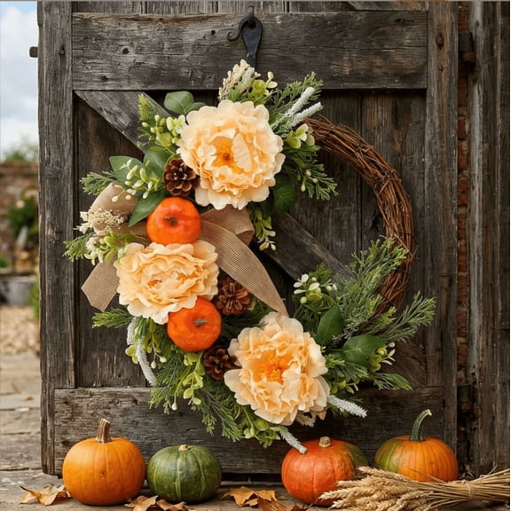 Fall Wreaths for Front Door 17.7 Inch Fall Wreath with Pumpkins Bionic Flowers Pinecones Autumn Wreath for Farmhouse Porch Thanksgiving
