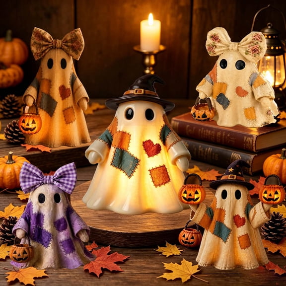 Aoznliie Patchwork Ghost Night Light, Glowing Resin Lamp with Witch Hat, 6 inch Warm LED Halloween Decoration for Shelf Table, White