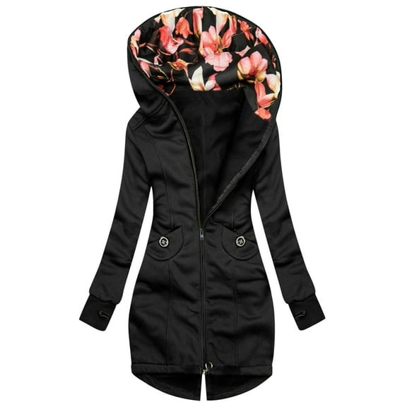 YODETEY Women Floral Print Jacket Zipper Pocket Sweatshirt Long Sleeve Coat Black 8(L)