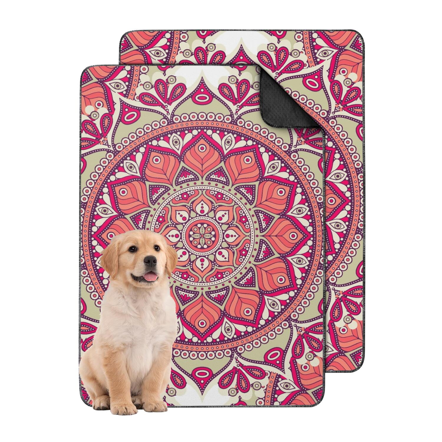 Stylish 24 x35 Washable Dog Pee Pads Mandala Reusable Potty Pads with Non-Slip Backing for Crate Lining and Floor Training Use.