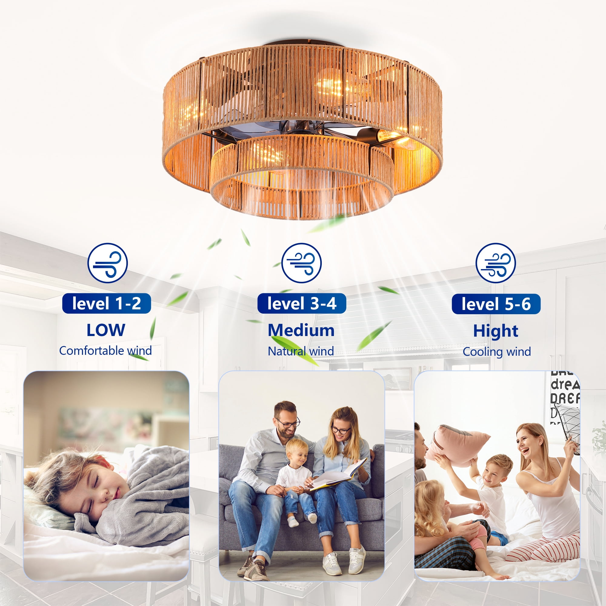 Leumius 20" Double Tier Rope Caged Ceiling Fan with Light and Remote Control, Low Profile Chandelier 6 Speed DC Motor Reversible Ceiling Fan for Living Room Bedroom (NOT Included Bulbs)