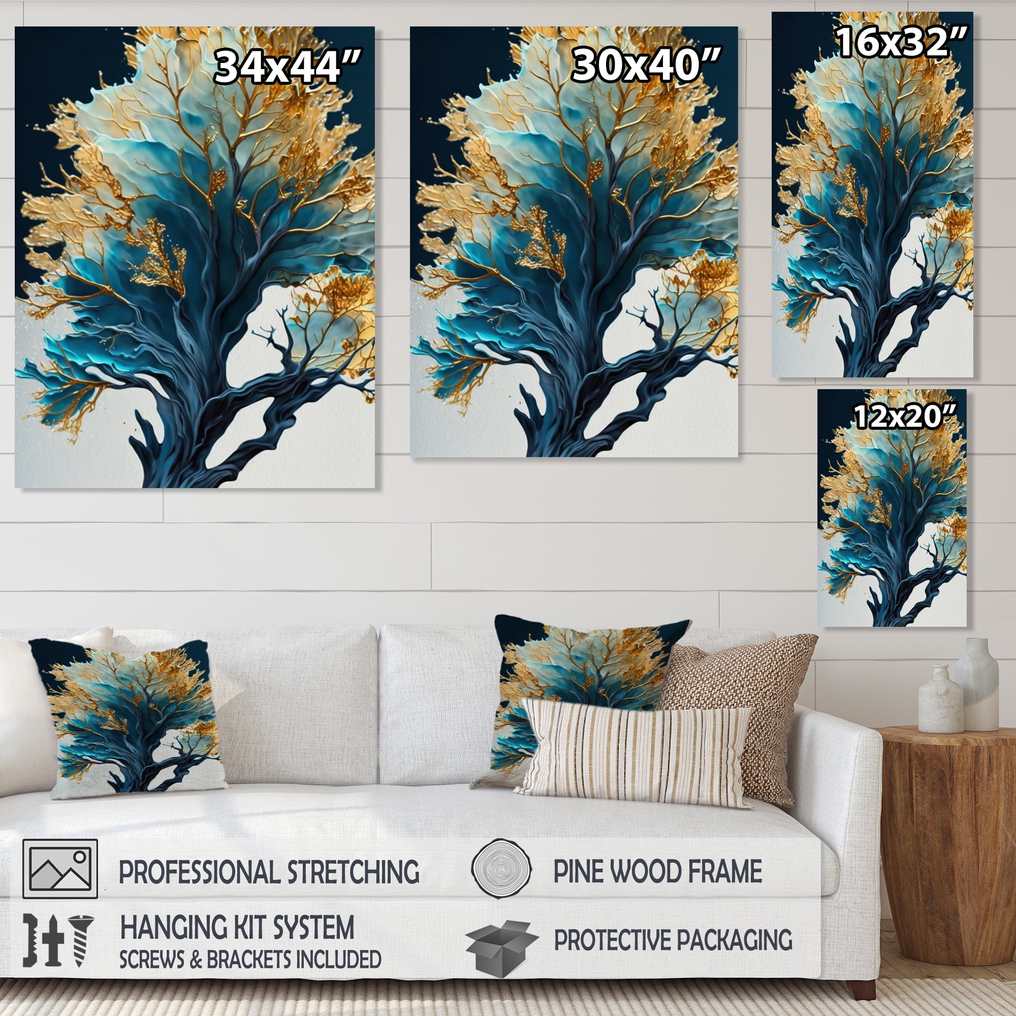 Designart Abstract Blue And Gold Leaves IV Canvas Wall Art