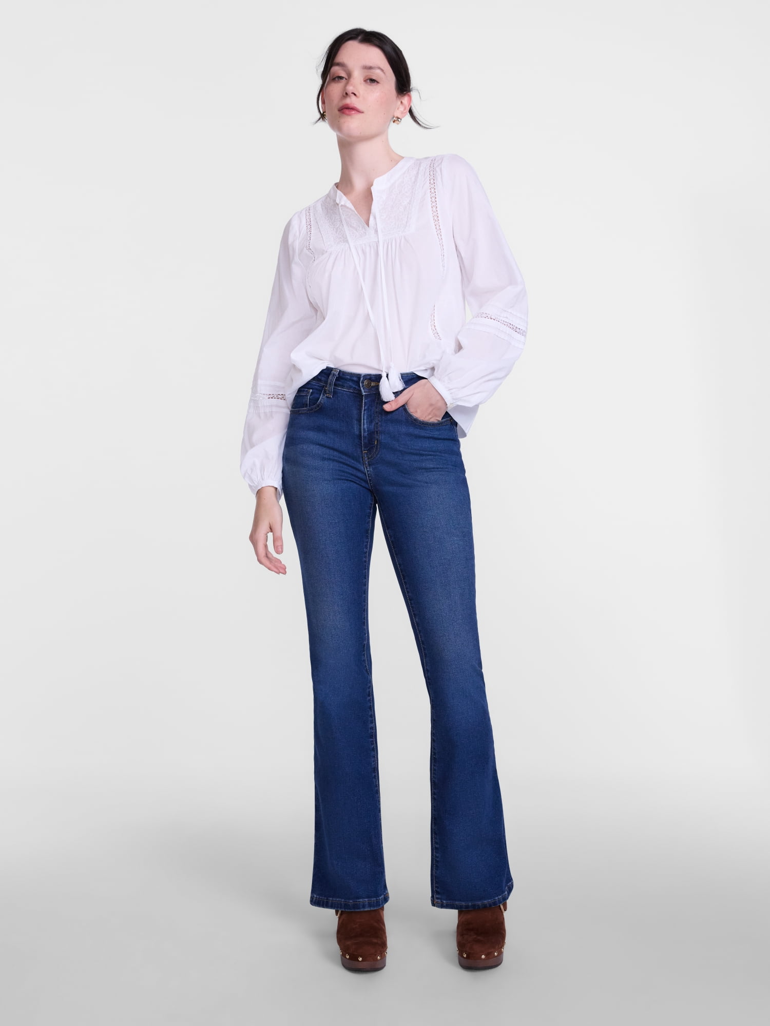 Scenario Women's and Women's Plus Embroidery Top with Lace Inserts, Sizes XS-4X