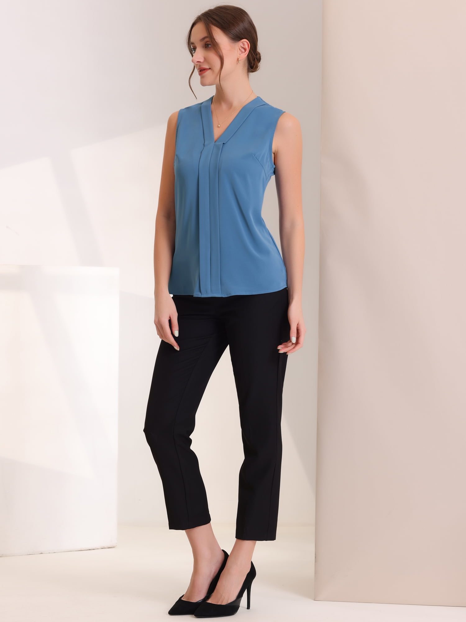 DARING DIVA Sleeveless Pleated Front Work Office Blouse L Blue Gray