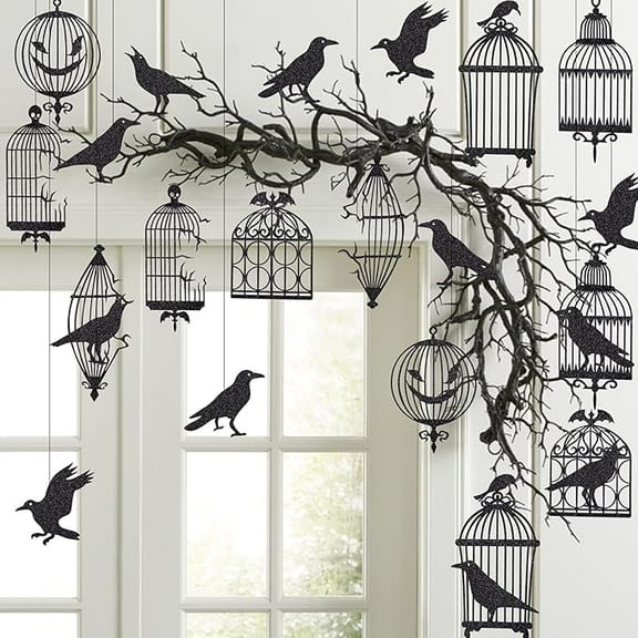 12 pcs Glitter Black Crow Cage Decorations Hanging Crow Decorations and Hollow Cage Decorations Gothic Crow Garland Halloween Hanging Decorations for Indoor & Outdoor Spooky Celebrations