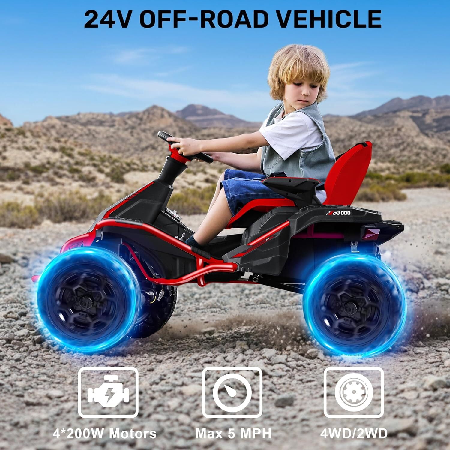 TOKTOO 24V Ride On Toys for Big Kids, 4WD Ride On Car with Parent Remote, 4 Wheeler for Kids Age 5-12, ATV Electric Cars for Kids with Adjustable Seat, LED Lights & Music, Red